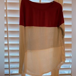 Three tiered long sleeve top, Solid Maroon/Grey Stripped/White, Size XL